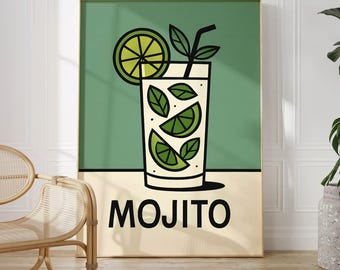 Mojito Drink Poster | Colorful Line Art Cocktail Print, Minimal Bar Wall Decor, Tropical Mint Drink Illustration, Modern Kitchen Art
