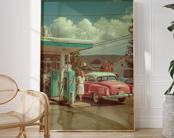 Retro Road Trip Glamour Wall Art | Vintage Pink Car & Teal Gas Station Print, Classic Retro American Scene, Pastel Nostalgic Americana Art