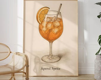 Aperol Spritz Poster |  Vintage Cocktail Art Print, Italian Drink Wall Art, Retro Bar Decor, Kitchen Illustration, Summer Aperitivo Gift