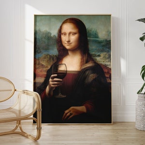 Mona Lisa Drinking Wine | Wine wall art, Mona Lisa Art, Drinking Poster, Wine Glass Art, Restaurant Decor, Bar Decor, Vintage Wine Art