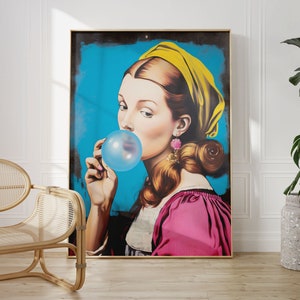 Woman Blowing a Bubblegum Pop Art | Bubblegum Art, Wall Art for Candy Lovers, Colourful Pop Art, Funny Gift Idea