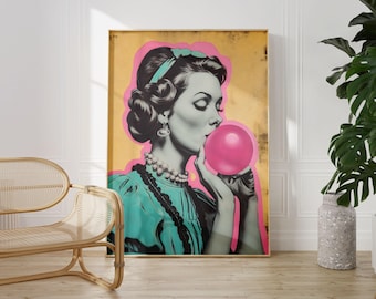 Retro Bubblegum Pop Art Print | Vintage Woman Illustration, Colorful Wall Art