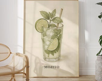 Mojito Poster | Vintage Cocktail Art Print, Retro Bar Wall Decor, Mint Lime Drink Illustration, Kitchen Art, Summer Cocktail Gift