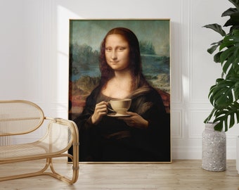 Mona Lisa Drinking Coffee | Coffee wall art, Leonardo da Vinci, Tea wall art, Drinking poster, Restaurant Decor, Café Decor