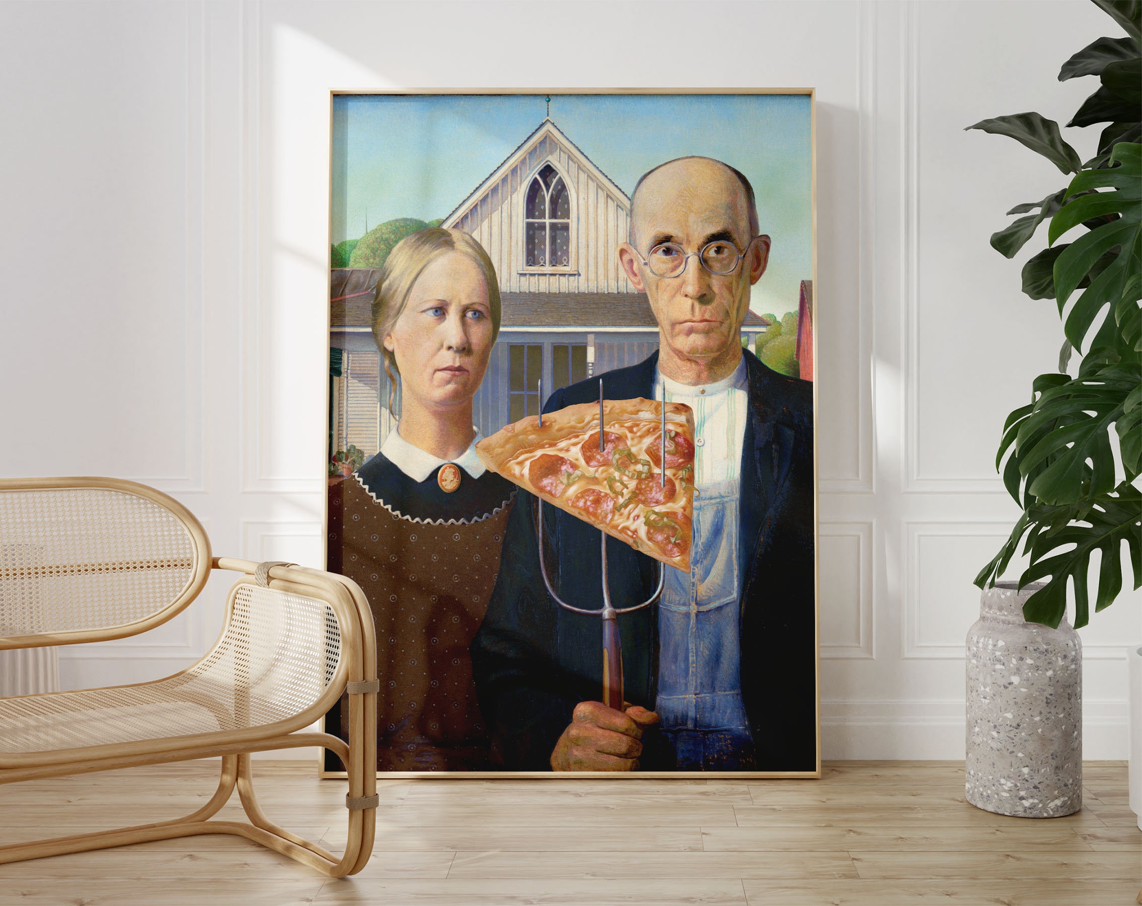 American Gothic With Pizza | Dining room decor, Funny Gift, Restaurant wall art, Bar Decor, Funny pizza print, Food art, Parody painting