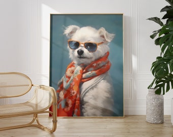 Dog with Sunglasses Art Print | Funny Dog Wall Art, Cool Dog Poster, Dog Lover Gift, Cute White Dog Decor