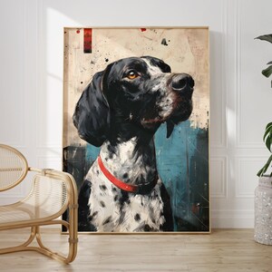 May include: A framed art print of a dog with black and white spotted fur, a red collar, and a focused gaze. The background features abstract blue and beige brushstrokes, creating a textured effect. The artwork is displayed in a room with a wooden chair.