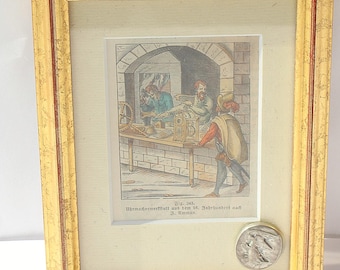 Jost Amman colored depiction of a 16th-century watchmaker's workshop with a guardian angel medal in the lower right and a golden wooden frame