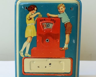 Geobra Piggy Bank with Counter MK Pfg Lithography Children DRGM Made in Germany U.S. Zone