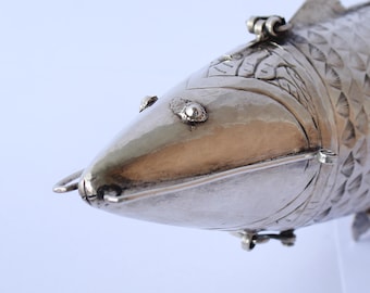 Judaica Besamim Box Container Fish Silver Metal Articulated Fish Antique