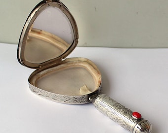 Antique hand mirror with powder compact and lipstick, silver 800