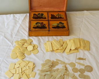 Wooden game box with 4 token boxes, game pieces made of bone mother of pearl, hand-carved