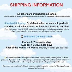 May include: A graphic with the title "SHIPPING INFORMATION" in red text against a blue sky background with white clouds. The text details shipping from France, estimated delivery times, and a note about standard shipping.