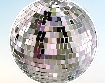 May include: A spherical disco ball sticker featuring a grid of small, reflective square tiles in various shades of silver, grey, soft pink, and muted purple, creating a multi-faceted surface with a distinct white border outline.