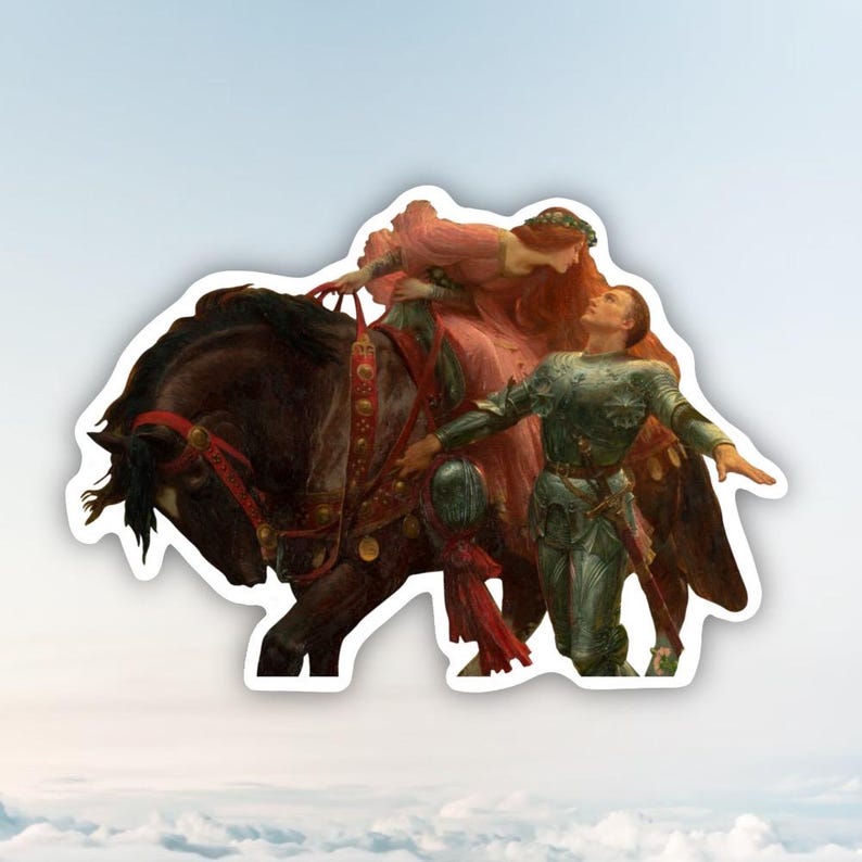 May include: A sticker featuring a painting of a knight in silver armor kneeling before a woman in a pink dress riding a dark horse. The woman has long red hair and a floral crown. The background is a sky with clouds.