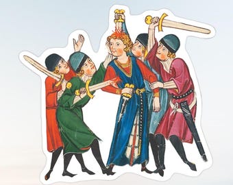 May include: A sticker featuring a medieval illustration of several figures in colorful robes and hats, wielding swords. The central figure, in blue and red, is surrounded by others in green and red, with swords raised.