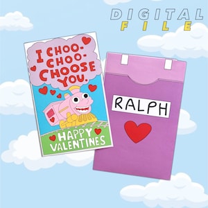Könnte beinhalten: Ein rosa und gelber Cartoon-Zug mit einem lächelnden Gesicht und dem Text "I choo-choo-choose you." und "Happy Valentines" auf blauem Hintergrund mit roten Herzen. Eine rosa Karte mit dem Text "Ralph" und einem roten Herzen.