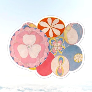 Puede incluir: Una pegatina que presenta un grupo de formas circulares superpuestas en varios colores, incluyendo rosa, naranja, azul y amarillo. El diseño incluye patrones florales, motivos geométricos y formas suaves y redondeadas con un borde blanco.