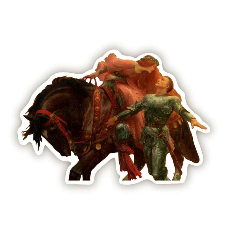 May include: A sticker featuring a romantic painting of a knight in armor kneeling before a woman on horseback. The woman wears a pink dress and has long red hair. The knight is reaching out with open arms.