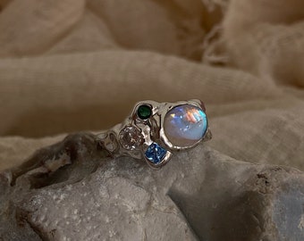 Unique Multi-stone Ring with moonstone and multi colour zircon, textured rustic ring, adjustable