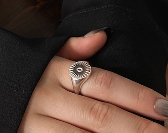 Minimalist women mens silver signet ring, engraved sun ring, adjustable open size