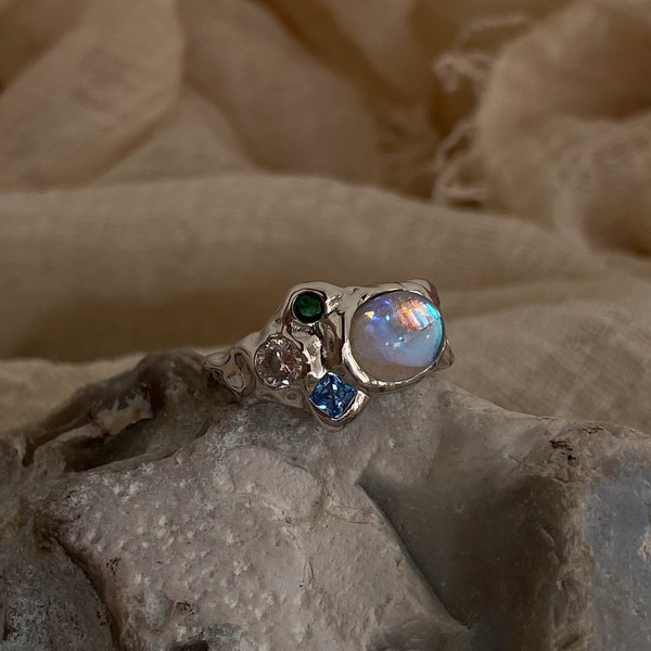 Unique Multi-stone Ring with moonstone and multi colour zircon, textured rustic ring, adjustable