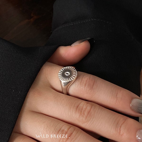 Minimalist women mens silver signet ring, engraved sun ring, adjustable open size