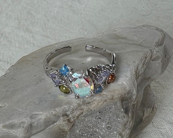Unique Multi-stone Ring with multi colour zircon, textured rustic ring, adjustable
