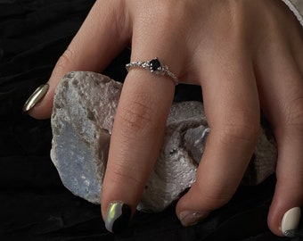 925 sterling silver textured adjustable ring with natural black zircon,