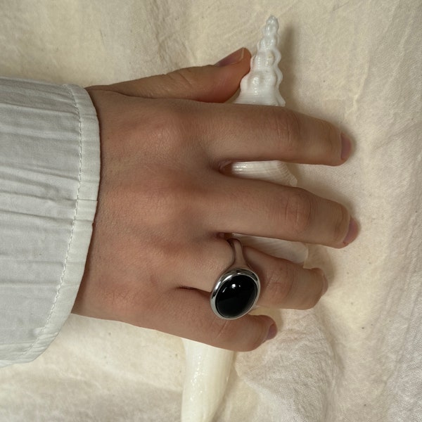 Healing protection - Large oval natural black onyx silver statement ring, titanium non tarnish ring, water proof, black agate