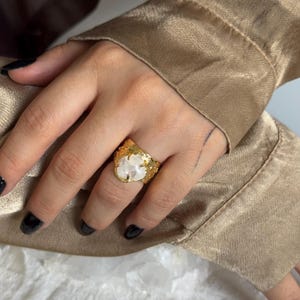 Healing energy gold clear crystal quartz ring - organic raw texture Unique Irregular Design