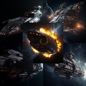 Könnte beinhalten: Eine Collage aus fünf futuristischen Raumschiffen in einer dunklen Weltraumkulisse. Die Raumschiffe haben alle unterschiedliche Formen und Größen, und einige sind von Flammen verschlungen.