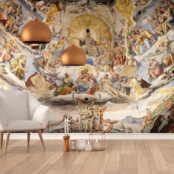Renaissance Art Wallpaper | Last Judgment, Fresco Wall Mural | Ceiling Wallpaper | Renaissance Mural | Boho Wallpaper