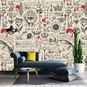 Esoteric and Occult Symbols Wallpaper | Alchemy Themed Wallpaper |  Sketches Wall Decor |  The Latin Words Spirit
