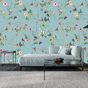 Vibrant Flowers Wallpaper, Watercolor Ivy Mural, Peel and Stick | Floral Wall Mural | Art Deco Wallpaper