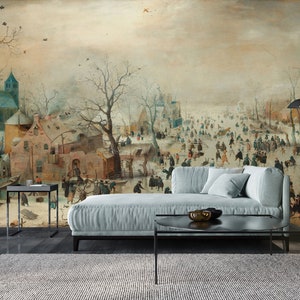 Winterlandschap met schaatsers door Hendrick Avercamp 1608, landschapsmuur muurschildering, muurdecoratie, muurschilderingen, landschapsbehang
