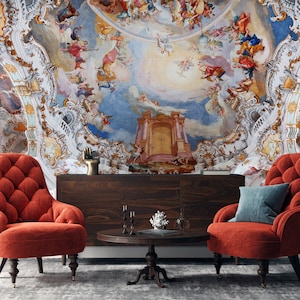 Renaissance Art Wallpaper |  Fresco Art Wall Mural, Ceiling Wallpaper, Art Deco Wallpaper, Mural Art