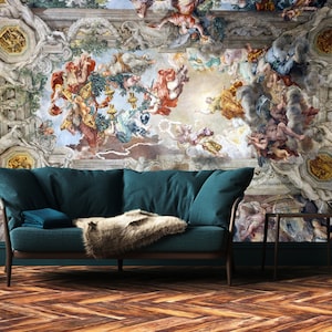 Carta da parati d'arte rinascimentale / Palazzo Barberini a Roma / Murale d'arte dell'affresco, Carta da parati a soffitto, Murale angelo, Decorazione murale, Murale rinascimentale