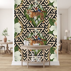 Vintage Leopard Tapete Tropische Tapete | Geometrische Formen Retro Wallpaper Wall Decore