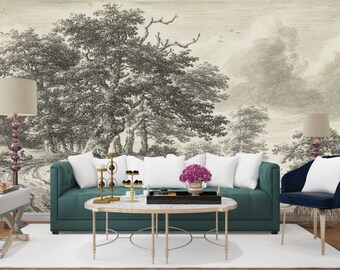 Wooded Landscape with a Pond, Landscape Wallpaper, Peel and Stick, Removable,Landscape Wall Mural, Wall Decore, Mural Art,Art Deco Wallpaper