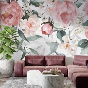 Floral Wallpaper | Peel and Stick | Textile | Non Woven | Art Deco Wallpaper | Peony Wall Decor | Blossom Wallpaper |  Flowers Wallpaper