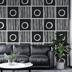 Papier peint aux formes géométriques | Décoration murale bohème | Peler et coller | Papier peint noir blanc | Décoration murale | Décoration géométrique | Papier peint art déco