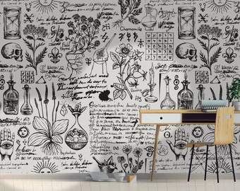 Medicine and Herbal Wallpaper | Peel and Stick Removable | Hand-Drawn Sketches Wall Decor | Apothecary Wallpaper | Eco-Friendly