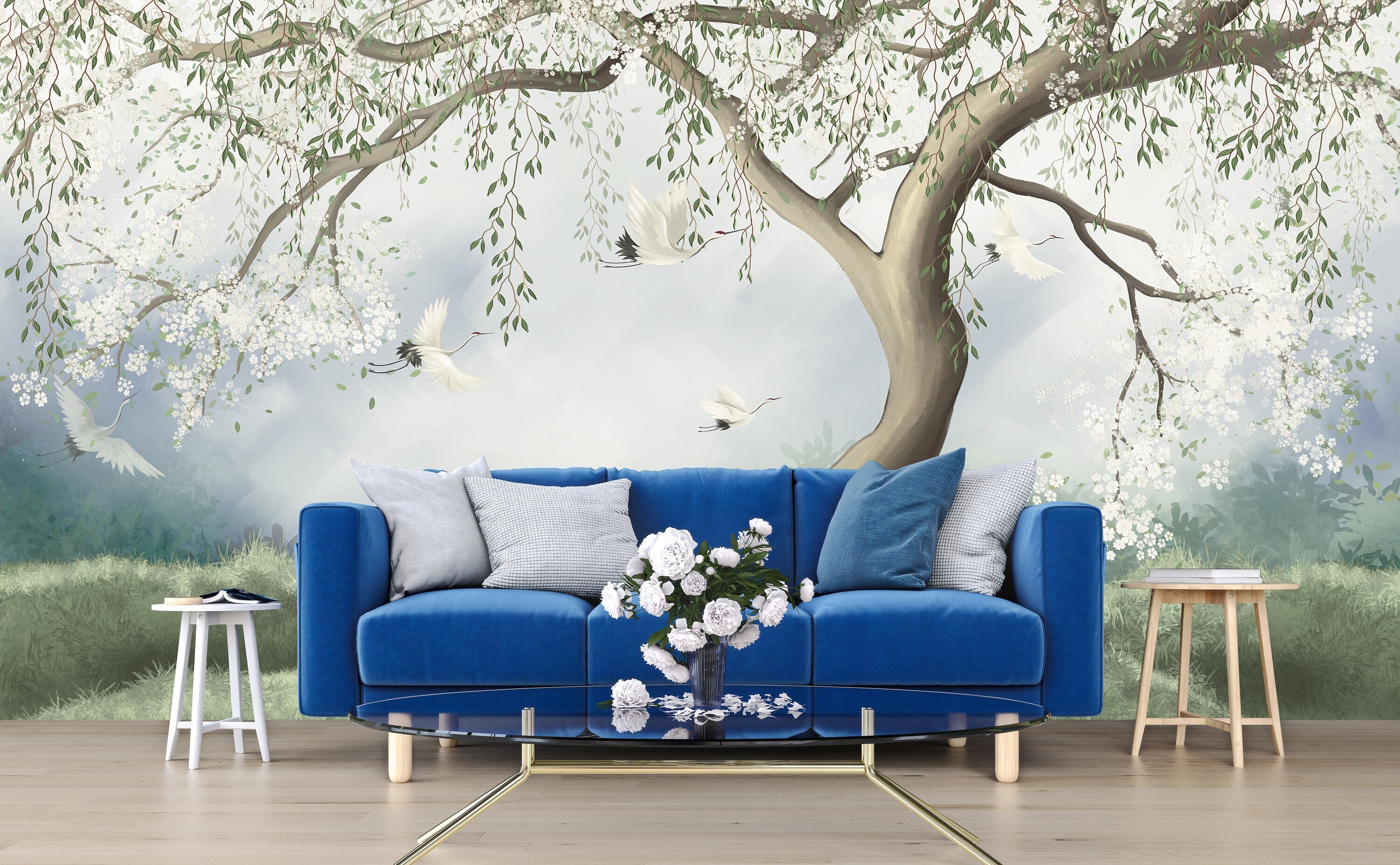 Interior Painting | Tree With Fog and Flying Crane Wallpaper Mural ...