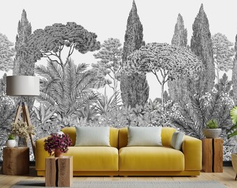 Landscape Wallpaper | Art Deco Wallpaper, Peel and Stick, Removable | Botanical Wall Mural | Trees Wallpaper