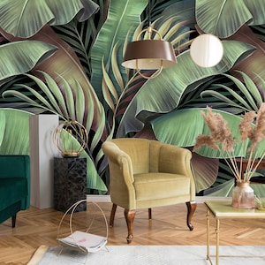 Carta da parati botanica / Bella palma, foglie di banana, buccia e bastone / Carta da parati Art Déco / Carta da parati Boho / Carta da parati esotica