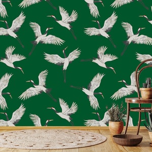 Crane Pattern Wallpaper | Peel and Stick Birds Wallpaper | Vintage Crane Birds Wall Mural Art Deco Wallpaper