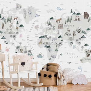 Kids Map Wallpaper / Kid Room Wallpaper, Peel and Stick, Extraíble, Child Map Wallpaper with Animals, Nursery Wallpaper, World Map