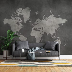 Achtergrond wereldkaart | Kaartbehang op betontextuurlook | Schil en plak | Cool behang | Wanddecoratie | Muurschildering wereldkaart