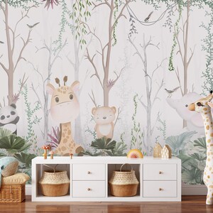 Kid Wallpaper | Cute Animals Wall Mural | Peel and Stick, Removable, Kids Room Wallpaper, Nursery Wallpaper, Animals Among the Trees